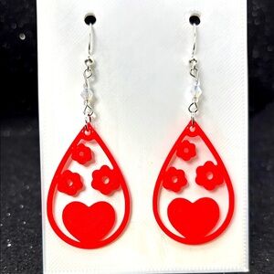 Red Heart and Flower Drop Earrings